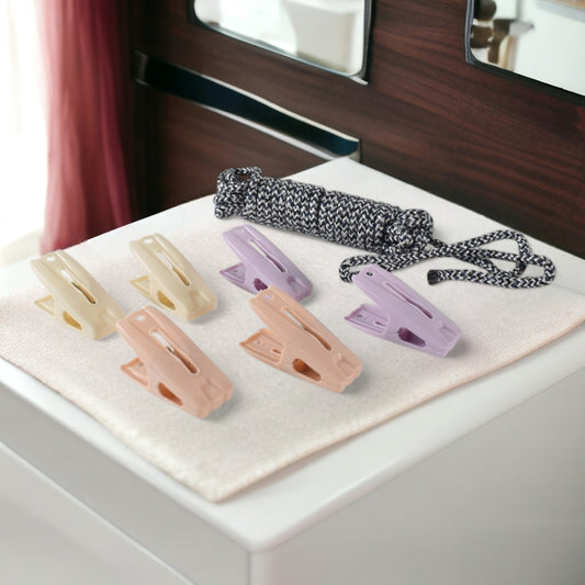 Cloth Drying Rope With Clips Convenient And Durable Hanging Solution (7 Pc Set)
