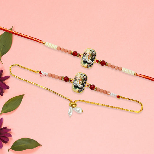 Elegant Swan Design Bhaiya Bhabhi Rakhi Set Premium Printed Tile Rakhi With Crystal Beads Adjustable Bracelet