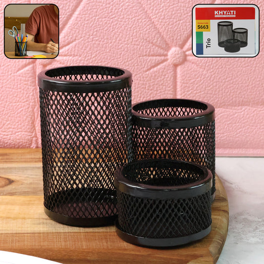 Khyati Trio Metal Mesh Pen Stand 3-in-1 Round Desk Organizer Set