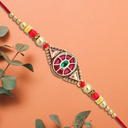 Royal Designer Rakhi With Kundan Centerpiece Red  Green Enamel Work And Golden Beads thumbnail 2