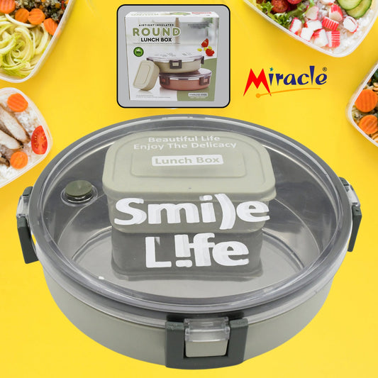 Miracle Stainless Steel Round Lunch Box, with Small Plastic Box Insert Leak Proof Lunch Box with Transparent lid, Lunch Box for Kids & Adults for School, Office (450 ML  250 ML Approx)
