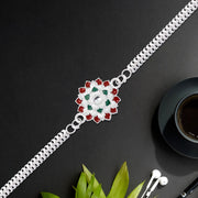 Round Shape Silver Chain Rakhi With  Red-green Accents thumbnail 1