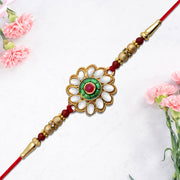 Kundan Floral Rakhi With Green  Red Centerpiece thumbnail 2