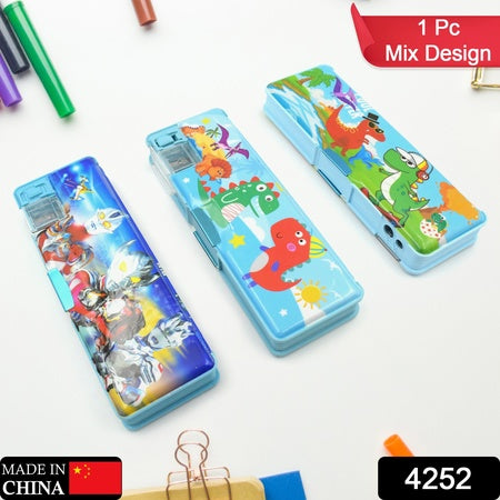 4252 Multipurpose Compass Box Plastic Double Deck Pencil Case With 2 Compartments Supplies Utility Box Storage Organizer Pencil Box For School Cartoon Printed Pencil Case For Kids Birthday Gift For Girls  Boys (1 Pc Mix Design)