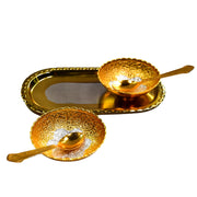 2947 Gold Silver Plated 2 Bowl 2 Spoon Tray Set Brass With Red Velvet Gift Box Serving Dry Fruits Desserts Gift thumbnail 5