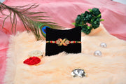 Elegant Red-green Bead Rakhi With Intricate Golden Flower Motif thumbnail 3