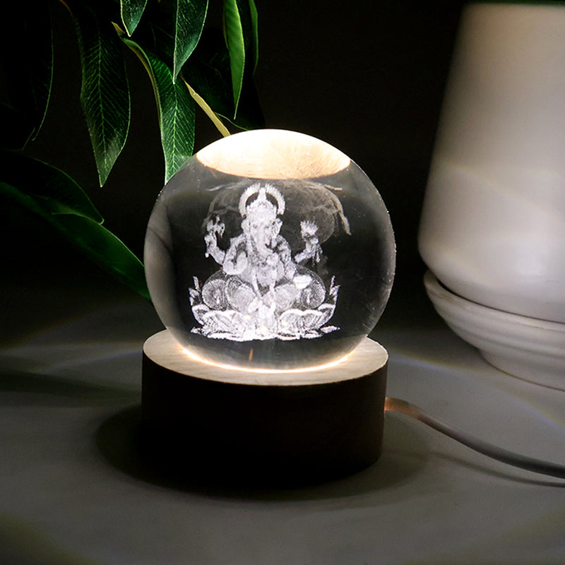 Ganpati 3d Crystal Ball Lamps With Wood Base