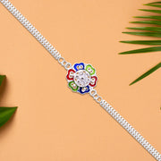 Silver Floral Rakhi With Multicolor Enamel And Stones thumbnail 3