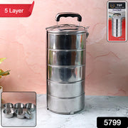 5799 Big Size 5 Compartment Lunch Box Stainless Steel Round Tiffin Traditional Tiffin Box For Kids College Office Men And Women Meal Holder With Locking Clip 5 Containers (16x5 Inch) thumbnail 7