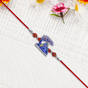 Radha Krishna Rakhi Under Tree Design With Rudraksha  Red Mauli Thread thumbnail 3