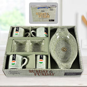 8240 Sunday Funday Ceramic Tea  Cups  Mug With Plastic Snacks Platter And 2 Compartment Chutney Bowl Milk Cup Coffee Cup Breakfast Cup Drinking Mug Or Outdoor For Household Gift For Birthday Wedding Party (6 Pcs Set) thumbnail 1