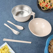 5606 Rice Bowl Noodle 1 Bowl With 1 Lid And Handle Wheat Straw Noodle Bowls With Wheat Straw 1 Fork 2 Chopsticks 1 Spoon For Soup Salad Cooker Snack Set (6 Pcs Set) thumbnail 1