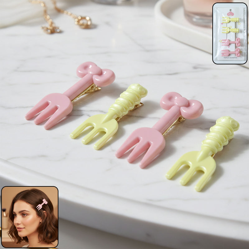 Cute Mini Fork Shaped Hair Clips Set For Girls And Women (4 Pc)