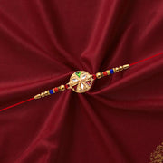 Designer Floral Rakhi With Mirror Work  Colorful Beads On Red Thread thumbnail 3