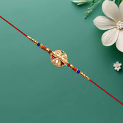 Designer Floral Rakhi With Mirror Work  Colorful Beads On Red Thread thumbnail 2