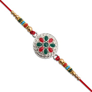 Silver Plated Floral Rakhi With Red  Green Stones thumbnail 1
