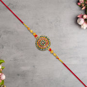 Royal Designer Rakhi With Kundan Centerpiece Red  Green Enamel Work And Golden Beads thumbnail 3
