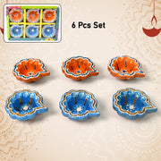 Decorative Hand Painted Clay Puja Diya For Diwali Handmade Diya (6 Pcs Set) thumbnail 1