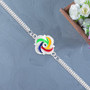 Stylish Silver Rakhi With Colorful Feather Detailing And Metal Chain thumbnail 1