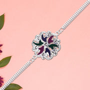Silver Floral Rakhi With Multicolor Enamel  Chain Band thumbnail 2