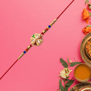 Designer Floral Rakhi With Mirror Work  Colorful Beads On Red Thread thumbnail 1