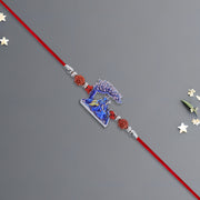 Radha Krishna Rakhi Under Tree Design With Rudraksha  Red Mauli Thread thumbnail 2