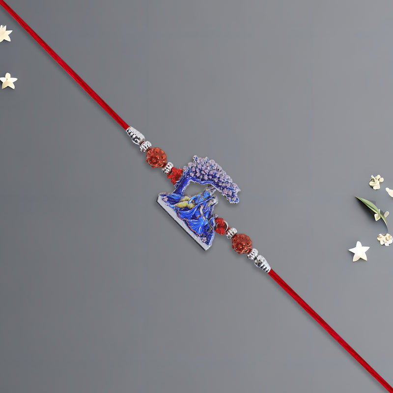 Radha Krishna Rakhi Under Tree Design With Rudraksha  Red Mauli Thread