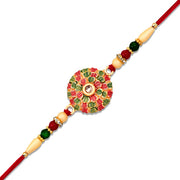 Traditional Kundan Rakhi With Golden Floral Base And Rudraksha Beads thumbnail 3
