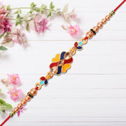 Premium Designer Rakhi With Multicolor Enamel Kundan Stones  Golden Pearls thumbnail 2