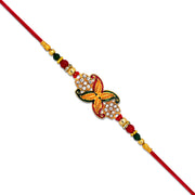Elegant Red-green Bead Rakhi With Intricate Golden Flower Motif thumbnail 2