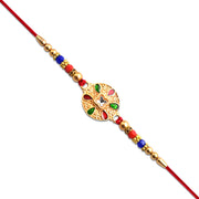 Traditional Circular Meenakari Rakhi With Multicolor Enamel Kundan Stone  Gold Beads thumbnail 1