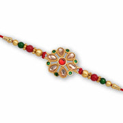 Floral Kundan Rakhi With Red-green Beads And Golden Finish thumbnail 2