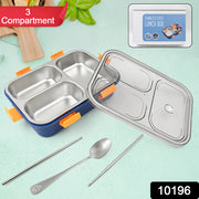 3 Compartment Transparent Stainless Steel Lunch Box With A Spoon And A Pair Of Chopsticks (1 Set) thumbnail 6
