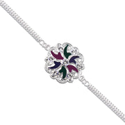 Silver Floral Rakhi With Multicolor Enamel  Chain Band thumbnail 1