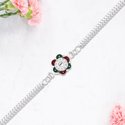 Designer Flower Rakhi With Mirror Stone Center And Dual-link Metal Chain thumbnail 2