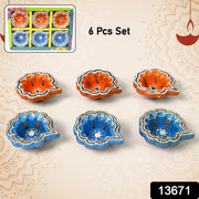 Decorative Hand Painted Clay Puja Diya For Diwali Handmade Diya (6 Pcs Set) thumbnail 5