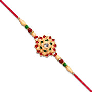 Designer Floral Rakhi With Beaded Strap  Red Green  Gold Accents thumbnail 2