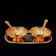 2947 Gold Silver Plated 2 Bowl 2 Spoon Tray Set Brass With Red Velvet Gift Box Serving Dry Fruits Desserts Gift thumbnail 3