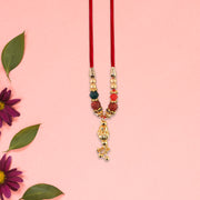 Bhabhi Lumba Rakhi With Multicolor Beads And Hanging Chain Charm On Red Thread thumbnail 2