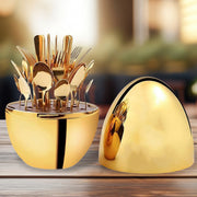 10010 Premium Cutlery Set 24 Pcs With Oval Shaped Stand  Beautiful Stylish Oval Designed Cutlery Sets Egg-shaped Luxury Spoon Holder Set (Golden  24 Pcs Set) thumbnail 1