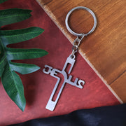 Elegant Metal Cross Keychain With Gujarati Jesus Script  Religious Faith Key Ring thumbnail 2