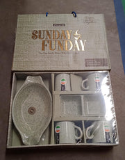 8240 Sunday Funday Ceramic Tea  Cups  Mug With Plastic Snacks Platter And 2 Compartment Chutney Bowl Milk Cup Coffee Cup Breakfast Cup Drinking Mug Or Outdoor For Household Gift For Birthday Wedding Party (6 Pcs Set) thumbnail 6