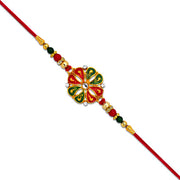 Designer Flower Rakhi With Colorful Enamel Petals And Golden Beads thumbnail 2