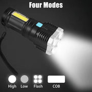 9370 Multifunctional Strong 4 Led Torch Light Portable Rechargeable Flashlight Long Distance Beam Range 800 Lumens Cob Light 4 Mode Emergency For Hiking Walking Camping (4 Led Torch) thumbnail 2