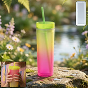 Gradient Plastic Drinking Tumbler Cup With Lid And Straw 400 Ml Approx thumbnail 1