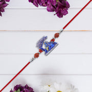Radha Krishna Rakhi Under Tree Design With Rudraksha  Red Mauli Thread thumbnail 1