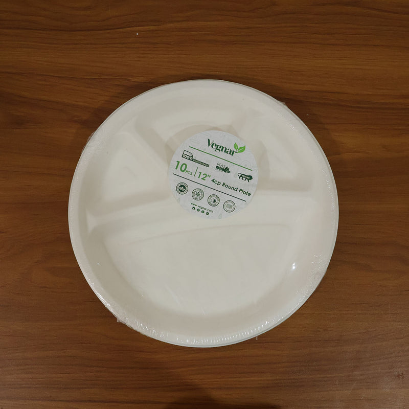 Vegnar 4 Compartment Disposable Food Serving Plate Set (10 Pc)