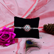 Traditional Floral Rakhi With Red  Green Stones  Silver Designer Rakhi For Brother thumbnail 3