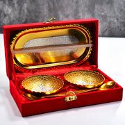 2947 Gold Silver Plated 2 Bowl 2 Spoon Tray Set Brass With Red Velvet Gift Box Serving Dry Fruits Desserts Gift thumbnail 1