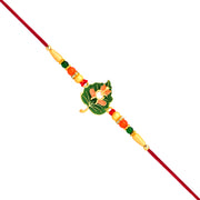 Green Tulsi Leaf Rakhi With Orange Enamel Flower And Beaded Thread thumbnail 2